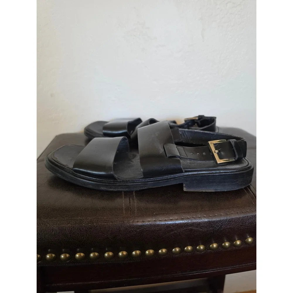 Gucci Black Leather Square Toe Minimalist‎ Buckle Slingback Sandals sz 7.5D